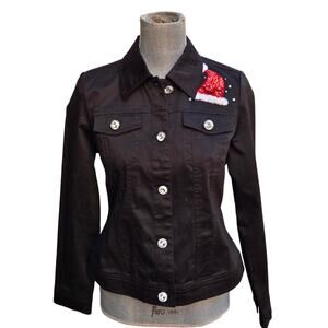 Vintage BEREK 2 Black Christmas Jacket, Santa Clause, Pearl Beads, Sequins, SM